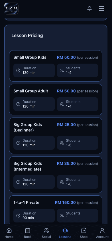 TZH Sports Centre lesson pricing screen